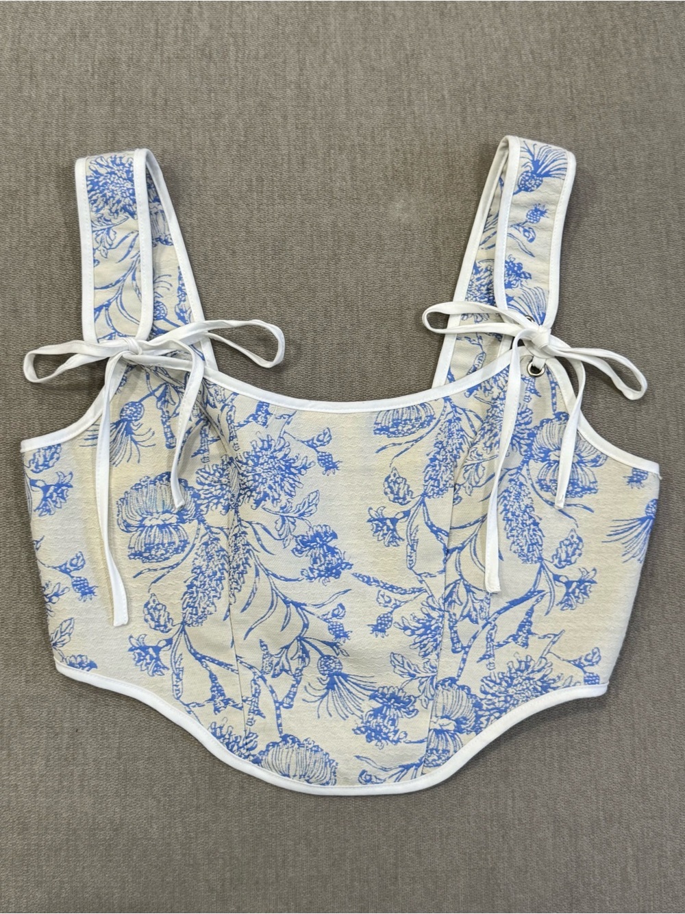 NWOT Blue & White Floral Toile Corset Crop Top Tie Strap Size S
